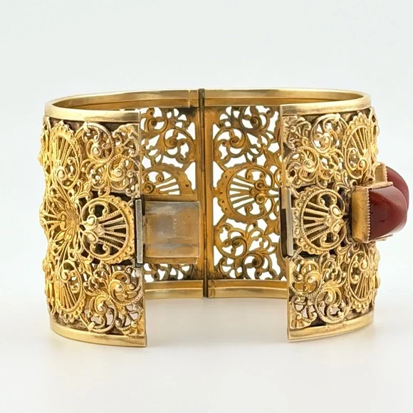 RARE Vintage Napier Gold Plated Brass Filigree Cuff With Carnelian Cabochons. - Picture 11 of 13